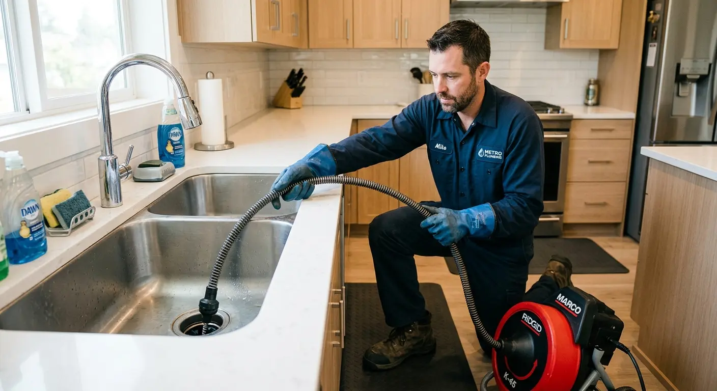 Drain cleaning technician using a motorized snake on a kitchen sink in Brevard