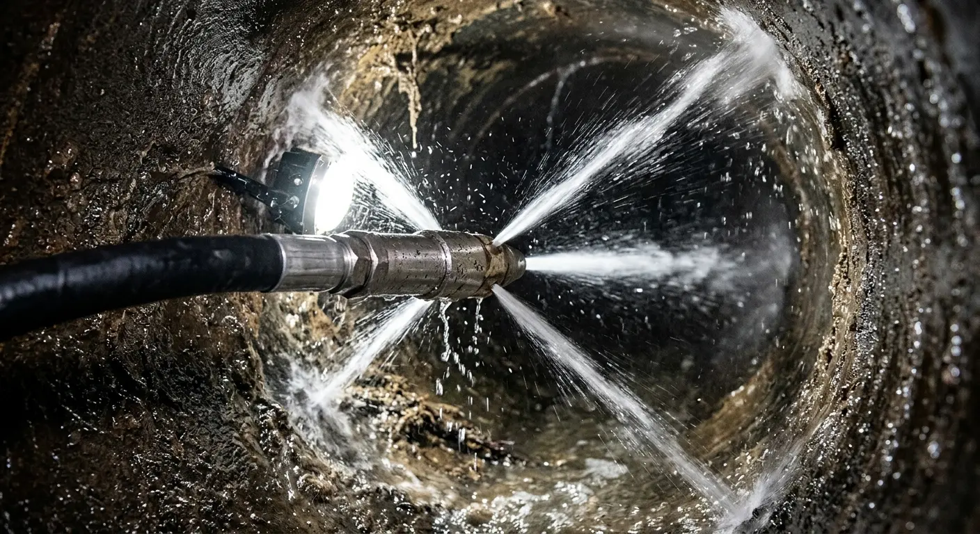 High-pressure hydro jetting nozzle cleaning sewer pipe for Sewer Cleanout in Brevard