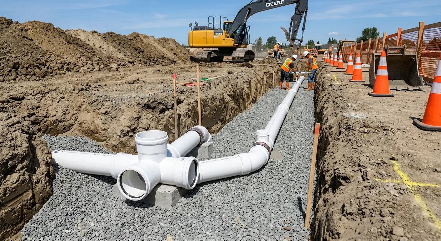 New PVC sewer pipe installation in open trench for Sewer Backup in Brevard