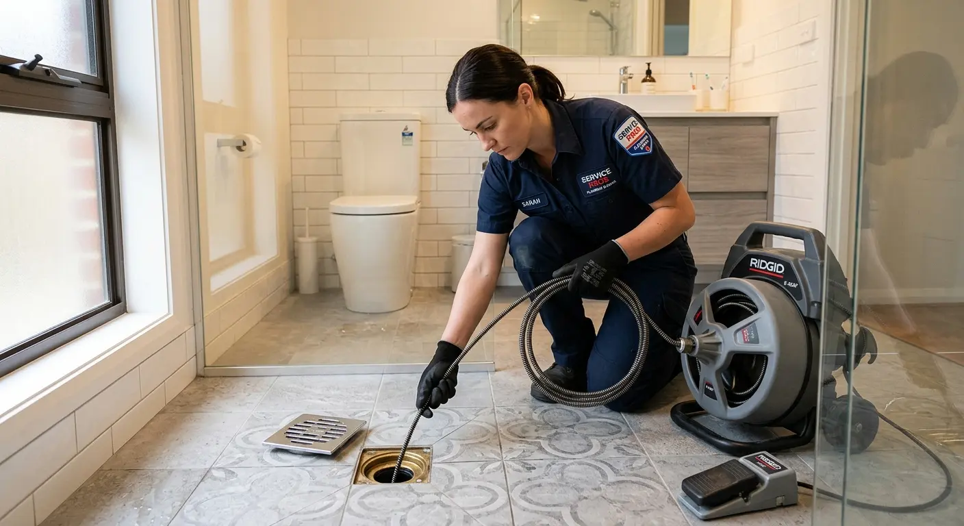 Technician clearing a bathroom floor drain for Sewer Line Replacement in Brevard